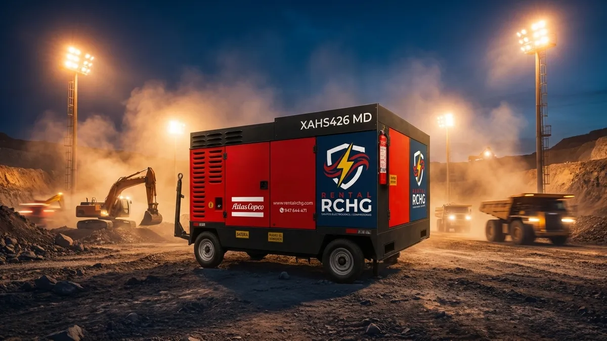 Compresora de aire Atlas Copco en operación nocturna – Rental RCHG