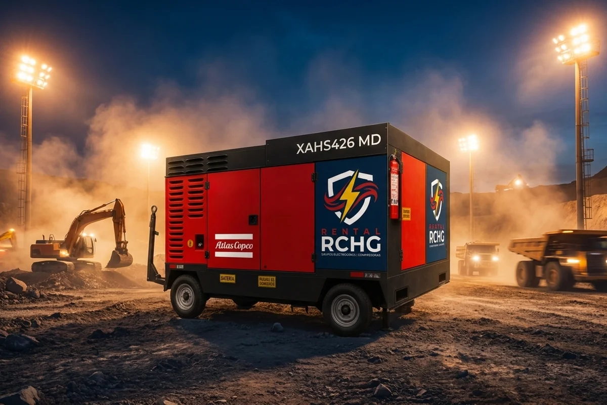 Compresora de aire Atlas Copco XAHS 426 MD de Rental RCHG operando de noche en faena minera
