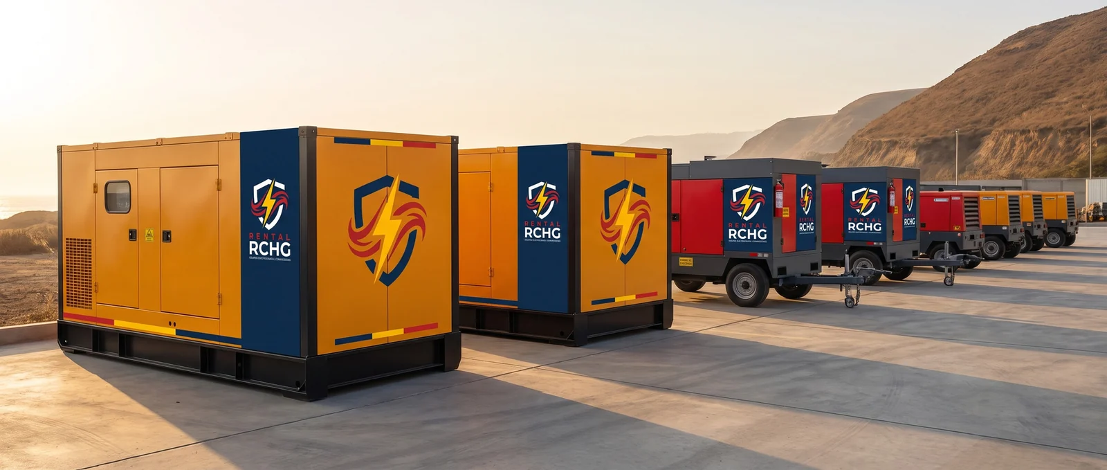 Flota de Rental RCHG en patio: grupos electrógenos encapsulados y compresoras de aire portátiles alineados