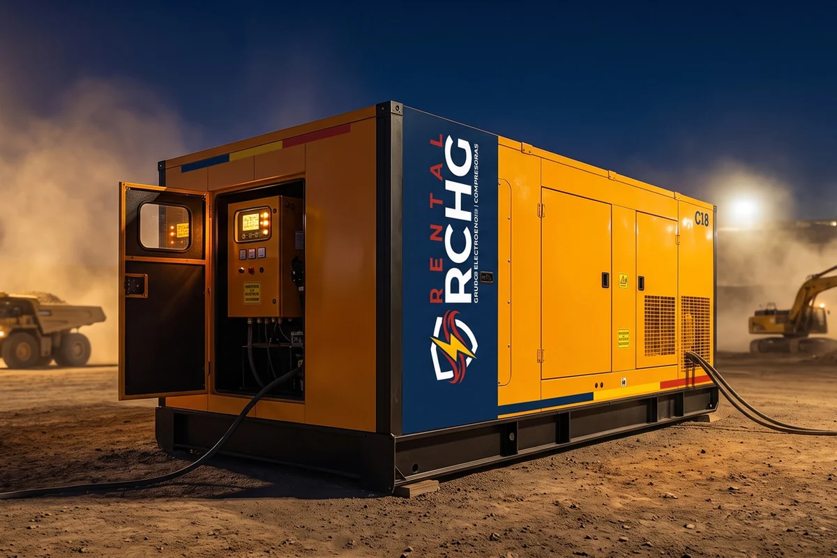 Grupo electrógeno Caterpillar C18 de Rental RCHG con el tablero abierto, operando de noche en faena minera