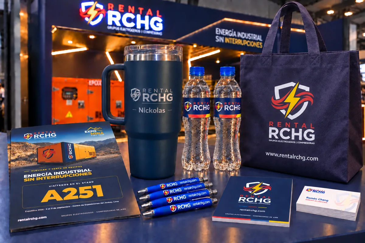 Volante del stand A251, tomatodo, botellas, lapiceros, bolsa y tarjetas de Rental RCHG en ExpoMina 2026